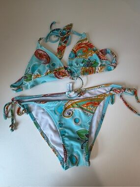 Turquoise Paisley Tie-Side Bikini
